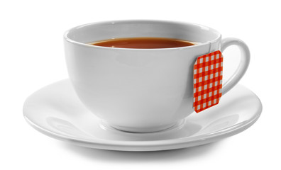 Cup of tea isolated on white background. Teabag with red checkered label
