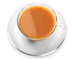 Glass cup of tea with milk isolated on white background