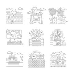 Agricultural farm icons set flat line style