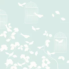Fototapeten Pigeons birds with leaves and cage. Vector © castecodesign