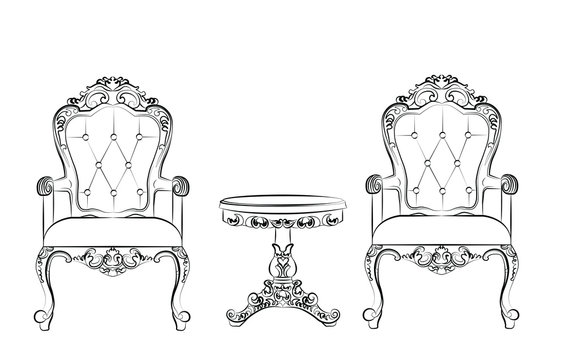 Set Of Classic Furniture With Rich Baroque Ornaments. Vector
