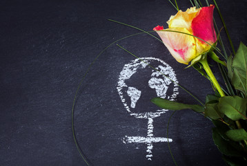 Rose and a chalk drawn female sign with earth globe on a blackboard