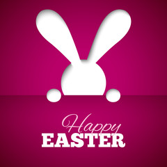 Happy easter card with hiding bunny and font on fuchsia paper background