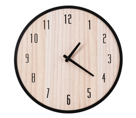 Round wooden wall clock, isolated on white