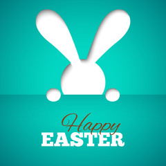 Happy easter card with hiding bunny and font on blue paper background