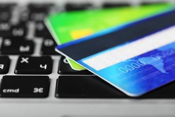 Credit cards on keyboard, close up