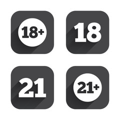 Adult content icons. Eighteen plus years sign.