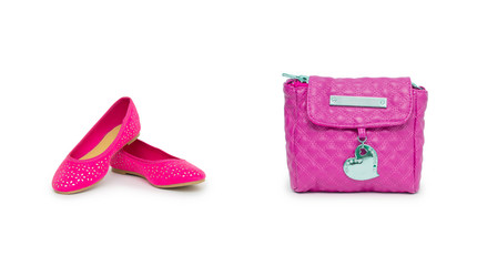 Collage of shoes and bags on white