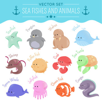 Vector sea fishes and animals