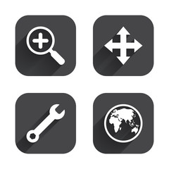 Magnifier glass and globe signs. Fullscreen.