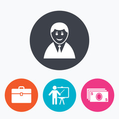 Businessman signs. Human and cash money icons.