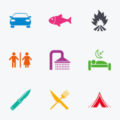 Hiking travel icons. Camping, shower and toilet.