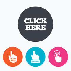 Click here signs. Hand press icons.