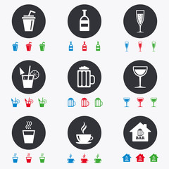 Coffee, tea icons. Alcohol drinks signs.