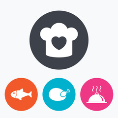 Chief hat, cooking pan icons. Fish and chicken.