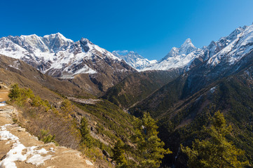 Scenery in the Himalayas on the way to Everest Base Camp, In Nepal, with Everest Mount in the background