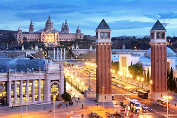 Photo sur Plexiglas Barcelona Aerial View on Placa Espanya and Montjuic Hill with National Art