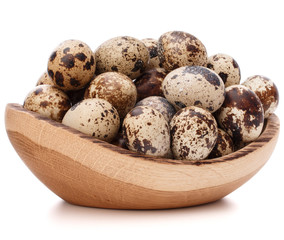 Obraz premium quail eggs in wooden bowl isolated on white background cutout