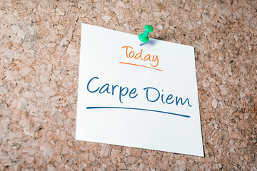 Carpe Diem Reminder For Today On Paper Pinned On Cork Board