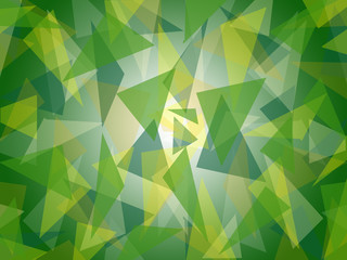 Abstract triangle shapes randomly layered, in fresh lush green shades with bright center, graphic art, vector illustration in modern contemporary art design. Suitable as background texture pattern.