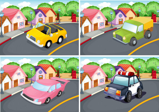 Four scenes of neighborhood with car on the road