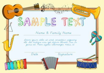 Certificate template with musical instruments