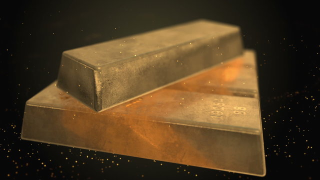 Four shine gold bars rotating whit particles, loop animation.
