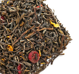 Pile of dry green tea with pieces of fruits and flower petals, isolated on white