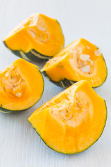 Kabocha, is Japanese pumpkin slice or green pumpkin on white background