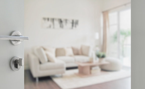 opened white door to modern living room interior