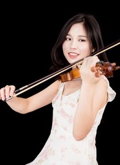 Asian woman and violin isolated over black background