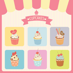 Vector cupcakes menu decoration with color box frame and awning in bakery shop.Pink border