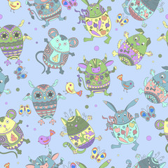 Seamless pattern with Easter eggs in the shape of animals, color figures on blue background