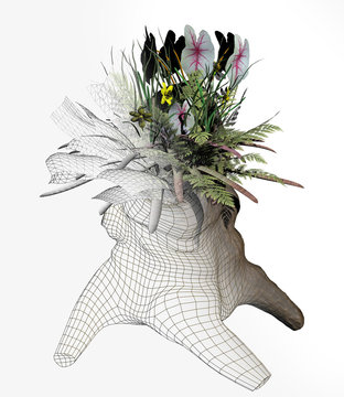 
digital rendered illustration of an arrangement of flowers growing out of an old tree stump
represented as a finished image emerging from a wire mesh