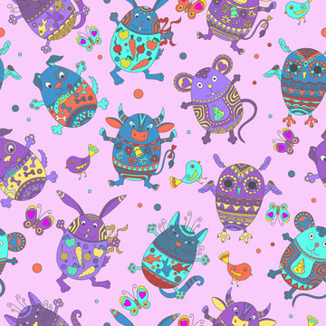 Seamless pattern with Easter eggs in the shape of animals, color figures on pink background