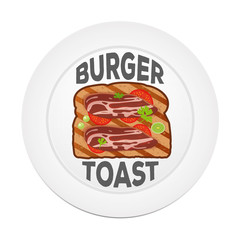Vector burger toast icon. Sandwich in a flat style on a white plate. Toast illustration with bacon, peas, parsley and bow. Can be used for restaurant, cafe and eatery. Fast food logo - vector stock.