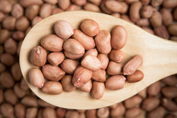 Scoop of peanut on a blurry pile of peanut background.Selective