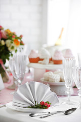 Beautiful served table for wedding or other celebration in restaurant