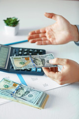 Man working on financial report at the office, close-up