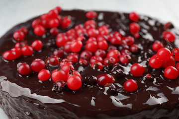 Chocolate cake with cranberries, closeup