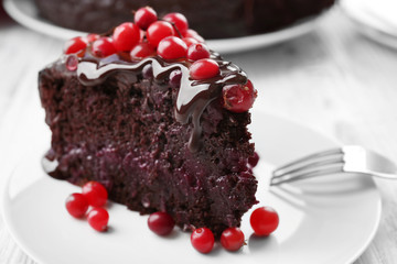 Piece of chocolate cake with cranberries on plate, closeup