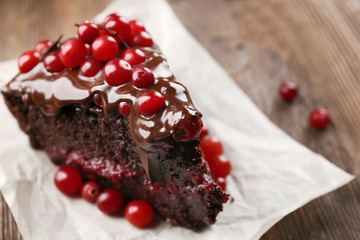 Piece of chocolate cake with cranberries on parchment, closeup