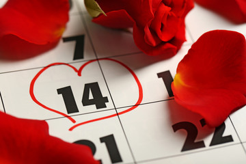 Calendar with date of February 14 and rose flower. Valentines day concept