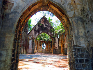 Ruin of an abandoned church on Ross Island, Andaman and Nicobar Islands, India, Asia.