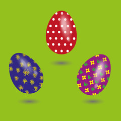 Set of three eggs with pattern
Picture three bright eggs with a pattern of dots and flower on a green background with shadows
