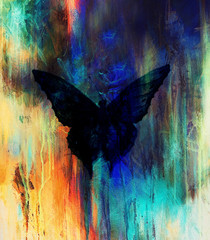 light butterfly on black background, drawing and computer collage.