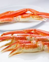 Boiled crab claws on a plate over white background