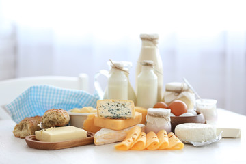 Fresh dairy products in light kitchen