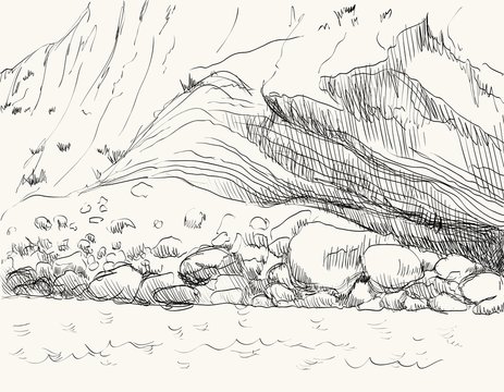 Vector summer seascape sketch.  Rocky shore, lapped by the surf