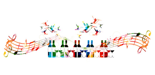 Fototapeta na wymiar Colorful design with bottles and hummingbirds